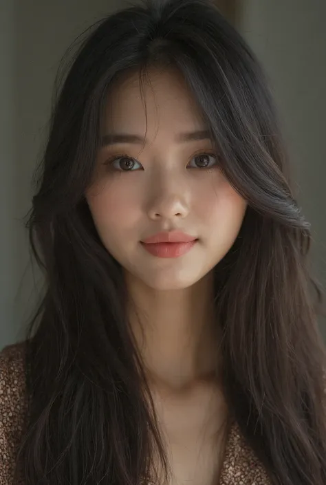 (masterpiece, ultra realistic, best quality, photorealistic, DSLR photo, 8k), beautiful 22-year-old Korean girl, long ultra straight dark brown hair, no waves, no curls, sleek hair, smooth texture, large expressive brown eyes, soft innocent expression, sli...