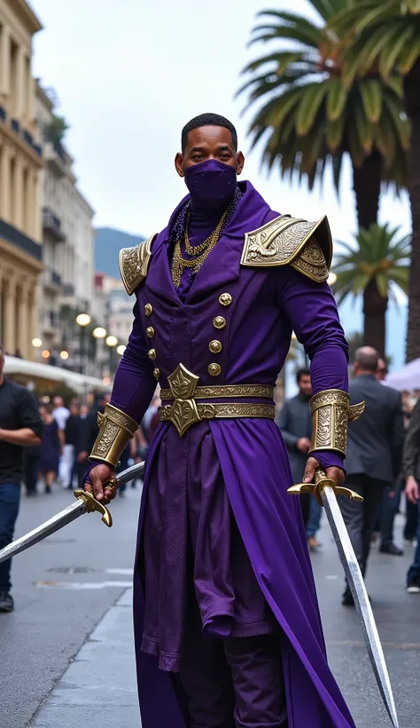 Will Smith  com Rain de mk surge com visual elegante e letal, wearing purple costume with gold details and matching mask. Its design refers to a mystical ninja, with refined armor on his shoulders and arms. He holds sharp blades firmly, transmitting power ...