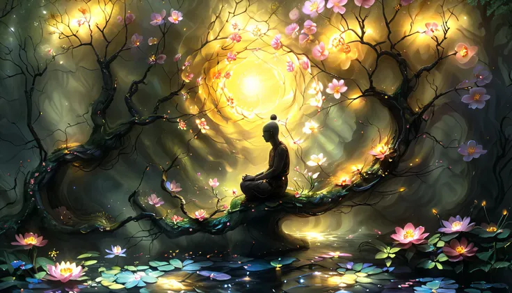 Artme, a painting of a single sitting and meditating tibetan monk in the middle of a forest with flowers and a stream running through it, golden light, fantasy art, kinkade, Christophe Vacher,