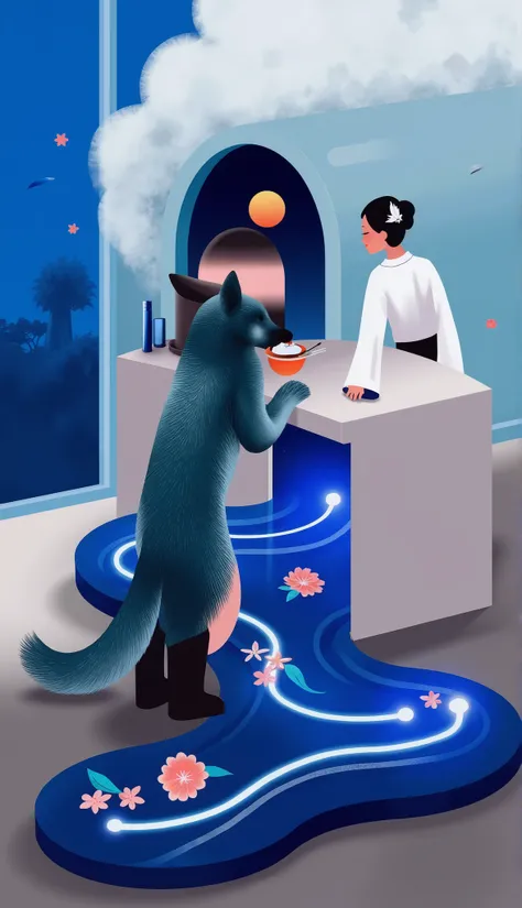 场scene设计，” the magic in the ordinary”，in a super magical space，Inside is a secret drawer under the cashier with strong blue light leading directly to the Earth's core，（The rotating light staircase），
，with magically faded quill pens and glass bottles filled...