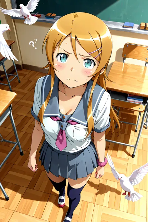 masterpiece, best quality, amazing quality, very aesthetic, absurdres, (anime screen shot:0.95) from above, 1girl, kousaka kirino, small breasts, panic, confused face, puzzled face, school uniform, zettai ryoiki, classroom, dove in cleavage,