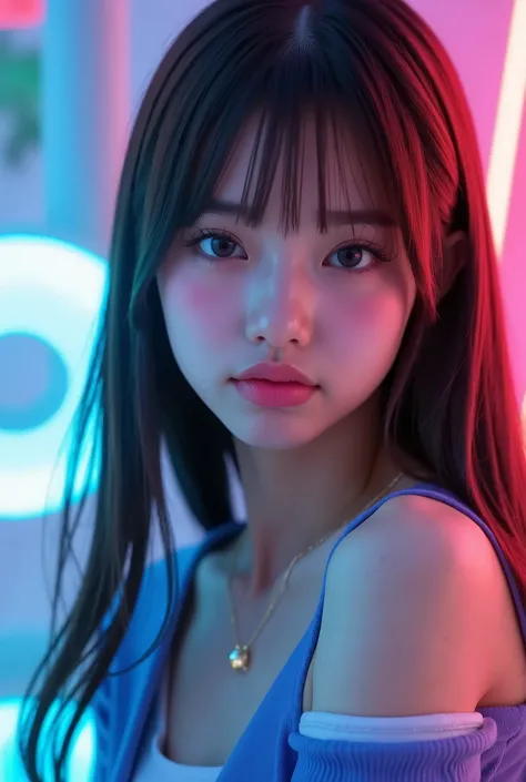 1 face , top quality , 8k , 5years old , Original photo , absurderes , Award-winning portraits , smile , smile , solo , night , neon , idol's face , violaceaess , gardeniass , delicate girl , upper body , DSLR , viewers staring with a sharp gaze , Candido ...