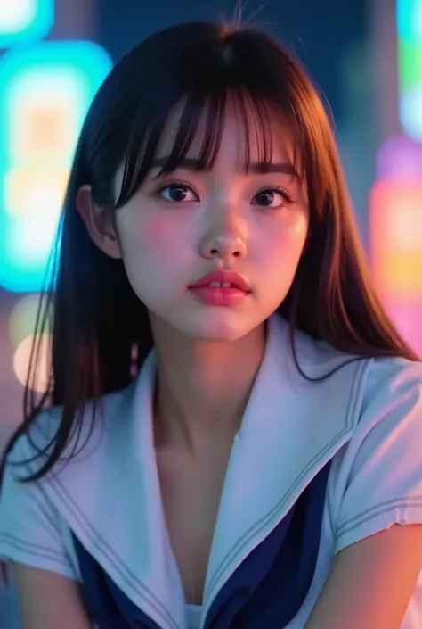 1 face , top quality , 8k , 5years old , Original photo , absurderes , Award-winning portraits , smile , smile , solo , night , neon , idol's face , violaceaess , gardeniass , delicate girl , upper body , DSLR , viewers staring with a sharp gaze , Candido ...