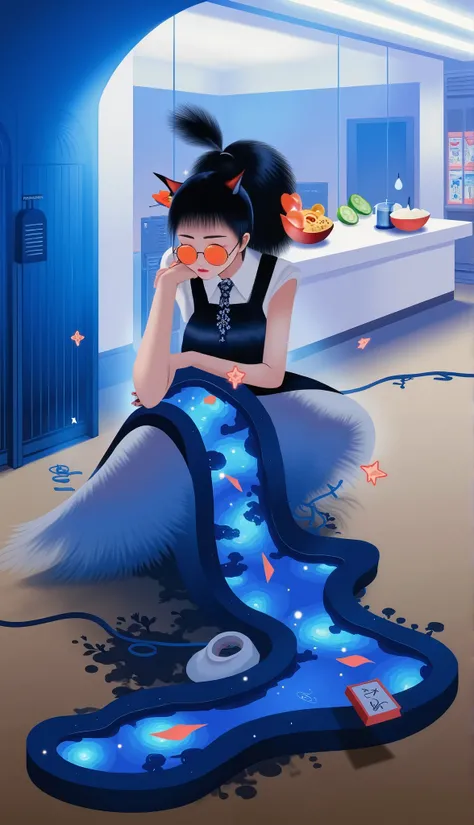 场scene设计，” the magic in the ordinary”，A secret drawer under the cash register in a super magical space，A strong blue light leads directly to the core of the earth，The rotating light staircase，
，with magically faded quill pens and glass bottles filled with ...