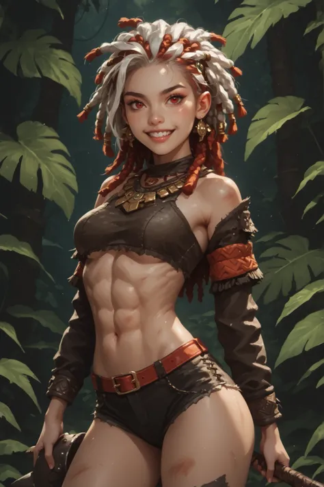 Beaming slime. Slender body. Lean body-type. Marble-White skin. Cute 18-year-old Aztec and Indonesian girl with Asian red eyes and unnaturally sharp shark-like teeth and dreadlocks (white hair). Intense red eyes. Sharp and shark-like teeth. She has a cute ...