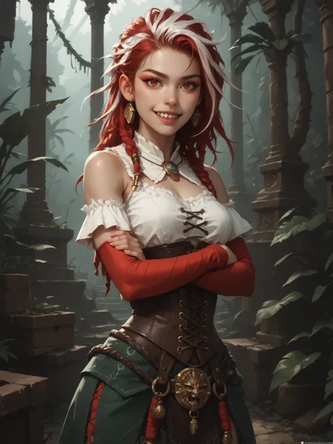 Friendly. Slender body. Lean body-type. Marble-White skin. Cute 18-year-old Aztec and Indonesian girl with Asian red eyes and unnaturally sharp teeth and dreadlocks (white and red hair). Intense red eyes. Sharp and shark-like teeth. She has a cute and beau...