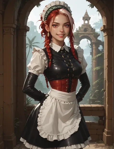 Friendly. Slender body. Lean body-type. Marble-White skin. Cute 18-year-old Aztec and Indonesian girl with Asian red eyes and unnaturally sharp teeth and dreadlocks (white and red hair). Small head. Intense red eyes. Sharp and shark-like teeth. She has a c...