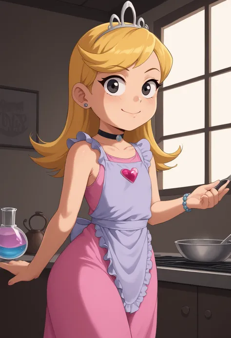 flat breasts. flat chest, skinny, huge hips, looking at viewer, 1o1a, blonde hair, tiara, Black eyes, earrings, necklace, choker. | masterpiece, best quality, dark theme, 1girl, 1990s \(style\), retro artstyle, cel shading \(2d\), grainy, neon lights, vhs ...