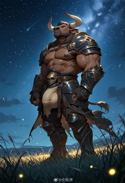 Athlete body, commission for high res, anthropomorphic, there is a brown minotaur, minotaur horns, Wearing warrior armor, Standing and looking at the stars in the sky, night time, Moonlight shines, Meadow, grassland, Thousands of fireflies, (View from besi...