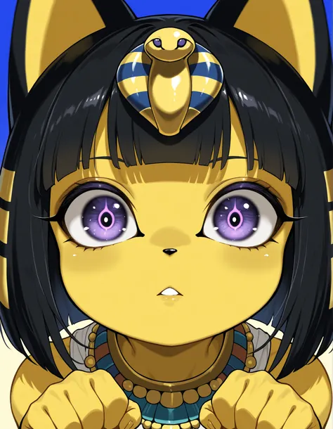 greyscale, monochrome,, depth of field, 1girl, furry, ankha \(animal crossing\), expressionless, eye reflection, yellow background, yellow theme, blue background, desert,, purple eyes, glowing eyes, wide-eyed, paw pose, looking at viewer, close-up, parted ...