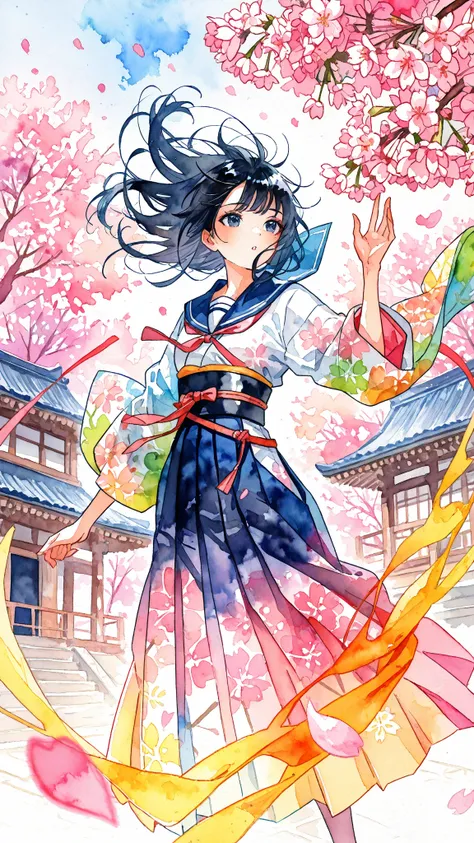 (((Watercolor-style))),(((Watercolor))),((no-outline)),((no- borders)),Blurred,Colorful,1girl, japanese school uniform, kimono elements, hybrid outfit, sailor collar, hakama skirt, long black hair,standing,Beautiful expression, wind blowing hair, traditional Japanese architecture, cherry blossoms falling, dramatic lighting, sash belt, atmospheric perspective, detailed background, dynamic pose