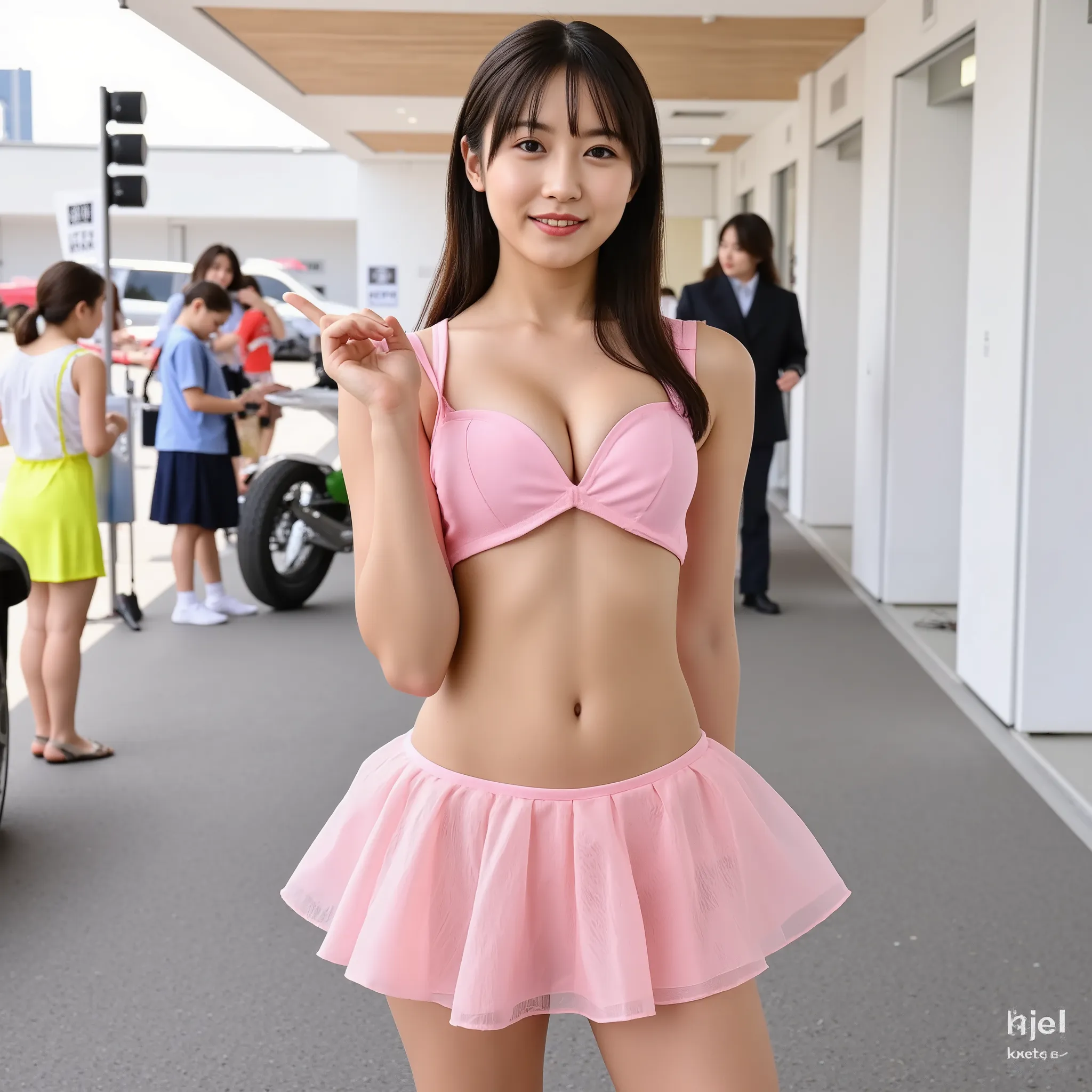 (top quality, highest resolution, Ultimate Masterpiece), (HIGHLY DETAILED HYPERREALISTIC RAW PHOTO:1.10), ((3 cute and very beautiful race queens from Japanese idols:1.10))),  Ultra-clear focus, Tight Race Queen Costume Perfect for the Skin, miniskirt by k...