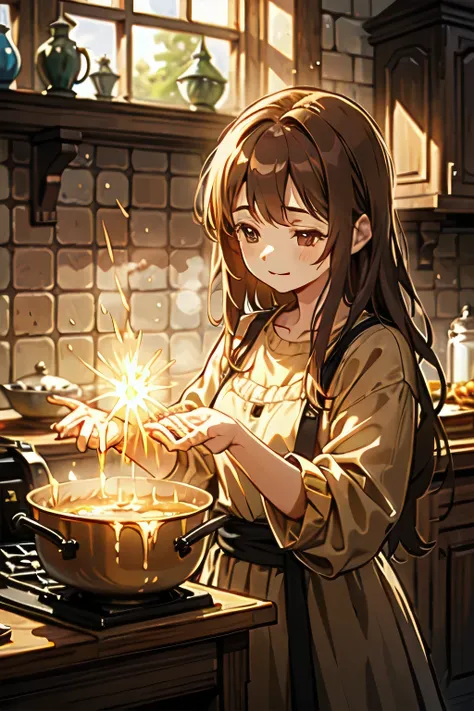 A young woman in her early twenties with long, dark brown hair, wearing a floral sundress, stands in a rustic kitchen, casting a spell over a steaming pot of stew she just cooked. The kitchen is filled with the warm glow of candlelight, and shelves lined w...