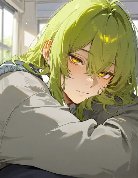 masterpiece, top quality, very aesthetic, Very awa, very high resolution without changing the composition, Newest, Absolutely Eye-Catching,Very Detailed, male,Yellow-green hair,Golden Eyes,student,school,uniform,gray cardigan,gentle face,muscular,I love yo...
