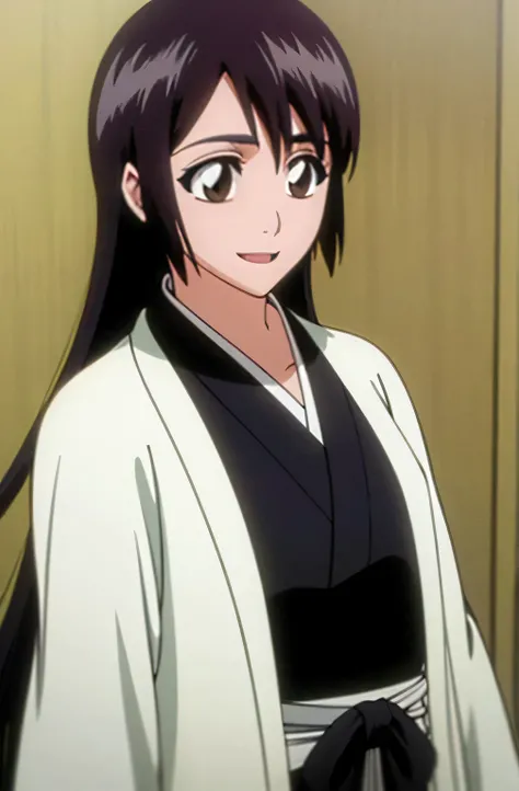 masterpiece, Highest quality , one girl from the side , romantic love , black hair, single straight long hair, Vancouver, brown eyes, kimono, white sleeveless coat ,Captain's coat without white sleeves, black kimono , smile, alone, I'm looking for , simple...