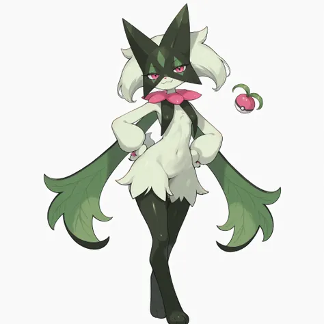 masterpiece, ultra-HD, impressionism, high detail, best quality, very aesthetic, 8k, best quality, beautiful, meowscarada_illust, 1girl, solo, pokemon (creature), anthro furry, light green fur, short tail, pink eyes, eyelashes, slim, sharp fangs, smile, cu...