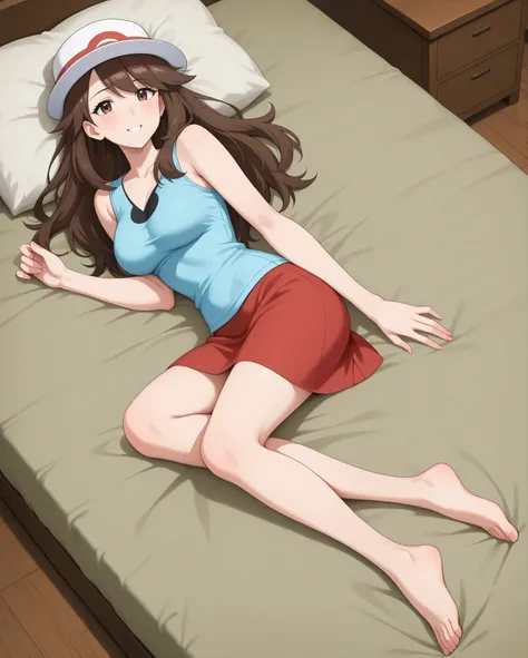 (happy, happy expression, neutral expression,
female on side, laying on side, from above, full body,) large rear,
Leaf \Pokemon\,
brown eyes, brown hair, long hair,
white hat,
blue shirt, sleeveless shirt,
red skirt,
bedroom,
1girl, solo,
\Azur...