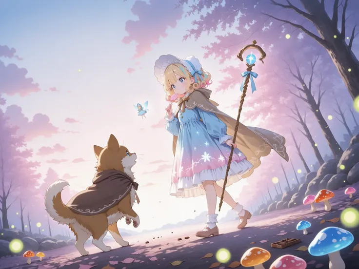 ,1girl, short curly blonde hair, big blue eyes, wearing fairy tale traveler dress, brown cape, ribbon bonnet, holding lollipop-shaped staff, curious expression, walking with a small animal companion,
BREAK,candy forest, chocolate trees, jellybean stones, ...