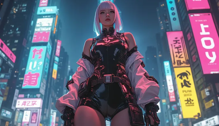 ((Manga artwork cowboy shot) von (perfect Asian cyberpunk girl, wearing detailed Harajuku clothing with company logos))), (((dynamische Pose))), ((LED-Leuchten)), ((Manga-Zeichnung)), ((cinematographic lighting)), ((Chiaroscuro)), warme Farben, perfect fe...