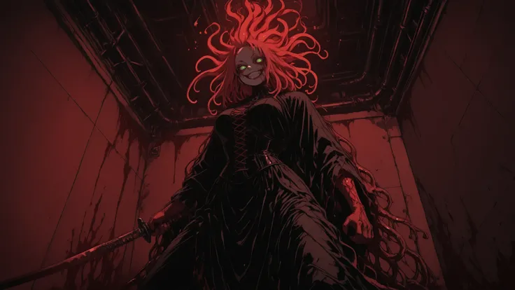 r17329_illu,Dynamic lighting,HDR,sinner2,masterpiece, ultra detailed, best quality, dark fantasy battlemage, blood-soaked robes, crimson magic aura, ornate katana glowing with runes, flowing red cape, combat stance, magical energy swirling, necromorphic cr...