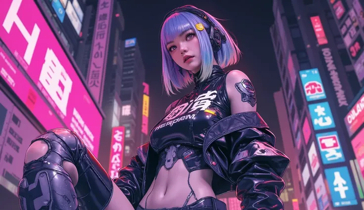 ((Manga artwork cowboy shot) von (perfect Asian cyberpunk girl, wearing detailed Harajuku clothing with company logos))), (((dynamische Pose))), ((LED-Leuchten)), ((Manga-Zeichnung)), ((cinematographic lighting)), ((Chiaroscuro)), warme Farben, perfect fe...