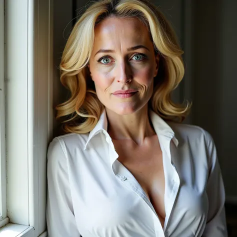 a realistic professional photo of Gillian Anderson, close up, she has a white long-sleeved men's shirt, she is leaning against the wall, (small breasts), (saggy breasts), (small bosoms), (saggy bosoms), (no-bra), blossomed, unbuttoned shirt, wavy blonde ha...