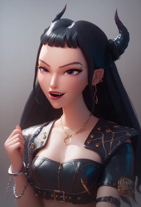 A k-pop demon hunter character. A woman with long wavy black hair and a feminine suit, black/purple/blue. Many jewelry/chains