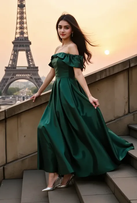 Ultra-realistic photo of a glamorous woman with very dark brown, almost black, long flowing hair sitting gracefully on a stone staircase in front of the Eiffel Tower at golden hour. She has a soft smile and a mid to full bust, giving her a natural, elegant...