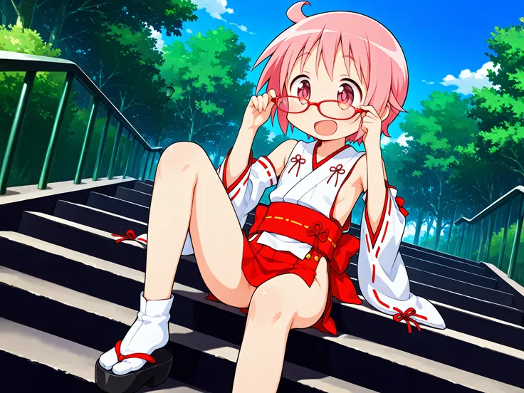 nonohara yuzuko, pink hair, short hair,(ahoge), pink eyes,bangs,((anime style)),score_9, score_8_up, score_7_up, source_anime,solo,1girl, ((miko)),  ((((mini slit red skirt)))),black okobo,tabi,((Obi)) ,((Obi knot)), (flat chest) , ((side boob)) , (No pant...