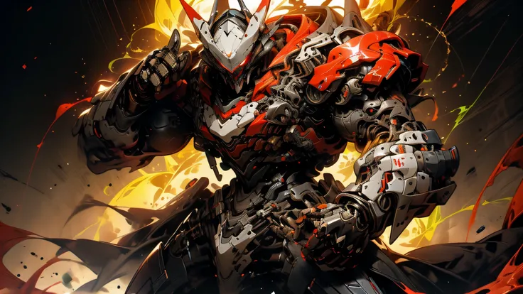 Thin outline, Anime Style, Cool and Edgy , A mysterious figure in a dark suit with robotic features, With chains, Wear an advanced wolf mask、red eyes, Standing on a red background , dramatic lighting, Cyberpunk, dark, Sleek Design, Future, Fashio...