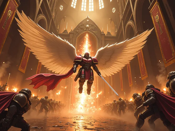 Epic battle scene unfolds inside a vast, cathedral-like gothic hall, drenched in dim golden light streaming through towering stained-glass windows and flickering chandeliers above. At the center, a superhuman power-armored warrior with angelic white wings,...