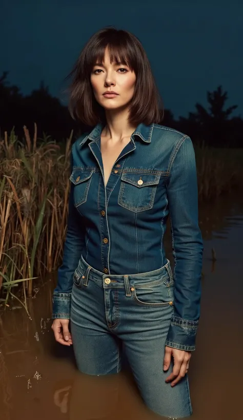 masterpiece,vivid colors,surreal art,dramatic light, mature woman stuck in hard sludge in her over 40s age, strong bags under eyes, tight washed indigo skinny soaked denim shirt, tight detailed rough denim jeans, sexual tension, bob haircut, duckweed poll...
