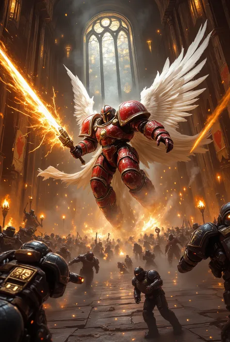 Epic battle scene unfolds inside a vast, cathedral-like gothic hall, drenched in dim golden light streaming through towering stained-glass windows and flickering chandeliers above. At the center, a superhuman power-armored warrior with angelic white wings,...