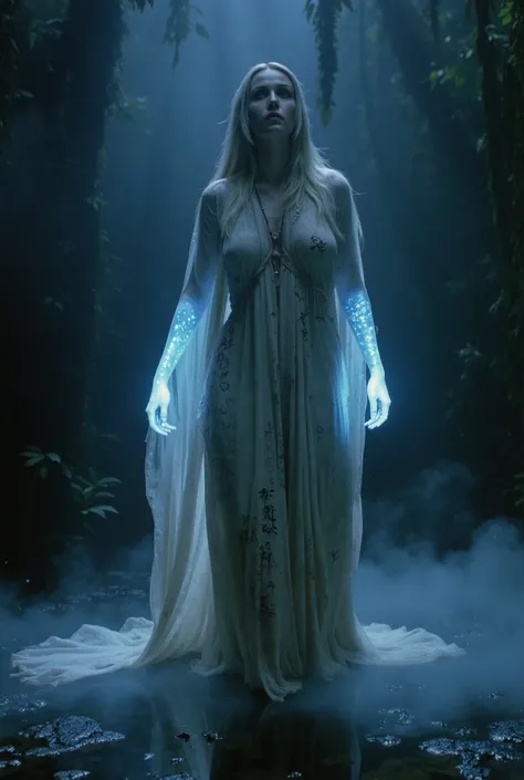 DVD screengrab from dark fantasy film Labyrinth A ghostly elven oracle standing in a misty swamp, draped in tattered ceremonial silks that shimmer with faint blue light. Her eyes are veiled, her face ethereal, both beautiful and decayed. Soft ghostfire glo...