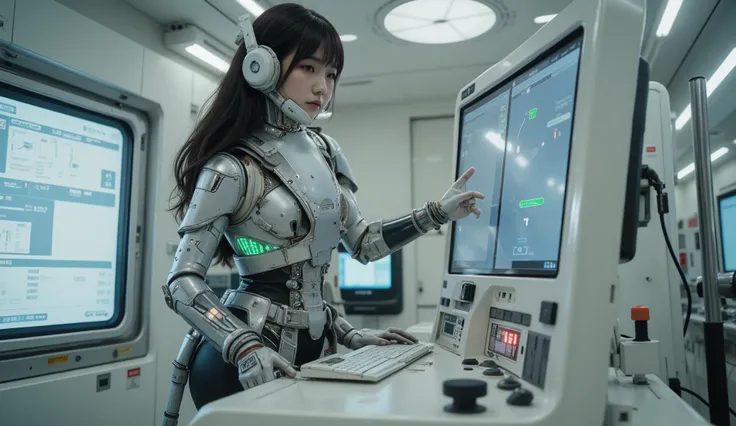 ultrarealistisch, fotorealistisch, dramatische Szene, Schatten, globale Beleuchtung, Allein, perfekte Anatomie, perfekte Finger, (young Japanese famous idol girls, aber Cyborg), very nice with very cute face, detailed facial skin texture, you Body is conve...