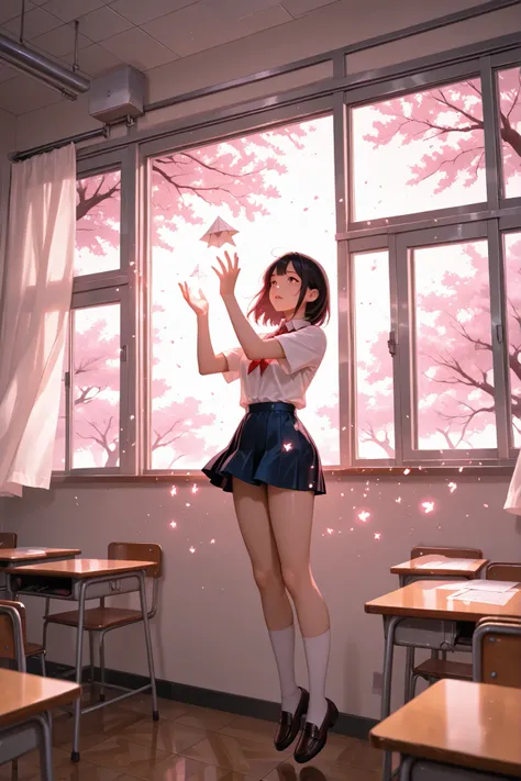 top quality, Asian schoolgirl, and frowned , WHITE SHIRT, miniskirt by kouenn, floating, Sparkling Magical Effects, Paper airplanes flying in the air, Detailed classroom environment, for soft lighting, Cherry blossoms outside the window, fantasy scene