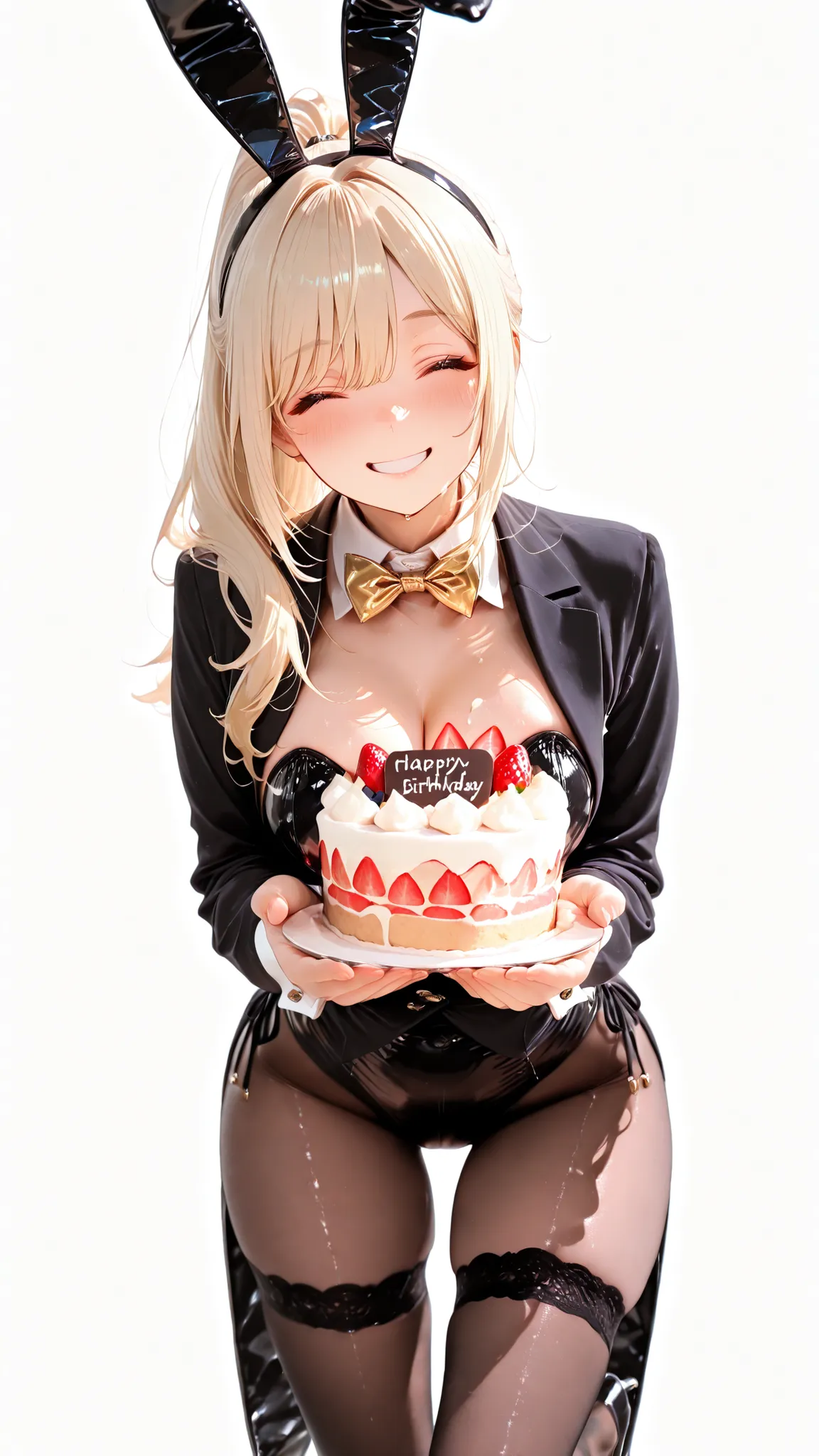 girl holding out a Birthday Cake with both hands, gentle smile, slightly leaning forward, offering gesture, strawberry cake topped with whipped cream and whole strawberries, soft lighting,lose-up, facing viewer(white background:1.3),(smile)1girl, Bunny gir...