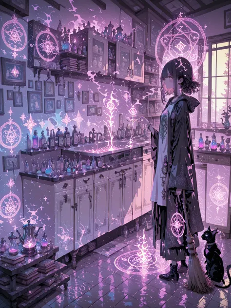 Anime-style illustration of a young female office lab technician (He is) who is secretly a modern witch, living alone in a cozy apartment. She wears comfortable home clothes with a subtle magical touch, like, a loose robe with lasso embroidery or a casual ...