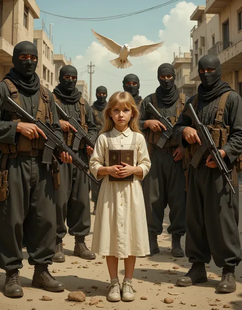 in the middle of a war ravaged city in the Middle East a group of insurgent fighters wearing black masks and scarves,  stand in a semicircle around an adorable young whiter girl, she has blonde hair and ponytails, a Sunday school dress, and in one hand she...