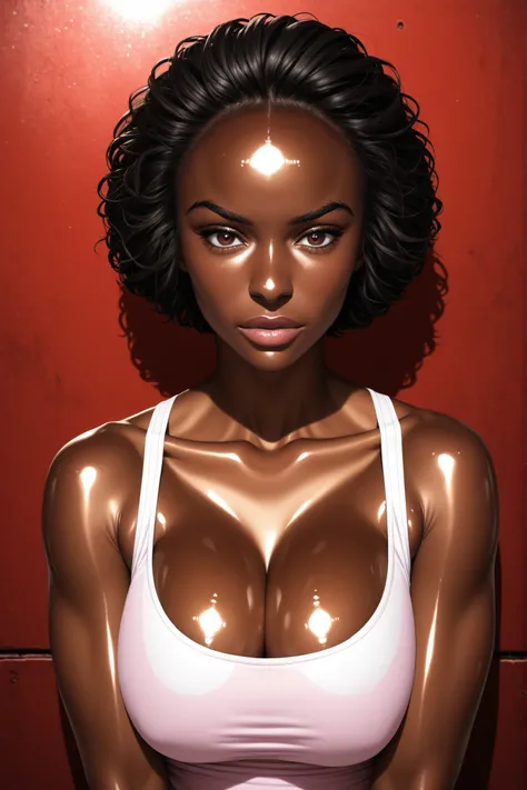 Perfect Face, (Female African, Colored Skin, Face Brown), Black Hair, Short Hair, (Forehead), Black Thin Eyebrows, Brown Eyes, Lips Without Makeup, Collarbone, Cleavage, Perfect Cleavage, (Large Breasts, Perfect Breasts), (White Tank Top, Pink Tank Top), B...
