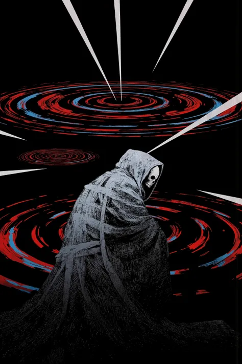 An eerie and surreal side-view image of a figure clad in a dark cloak. The textured robe recalls a monk’s garment. The person’s face appears blurred, evoking the impression of a skull, radiating a mysterious and unsettling atmosphere. The entire scene is d...