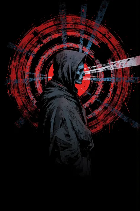 An eerie and surreal side-view image of a figure clad in a dark cloak. The textured robe recalls a monk’s garment. The person’s face appears blurred, evoking the impression of a skull, radiating a mysterious and unsettling atmosphere. The entire scene is d...