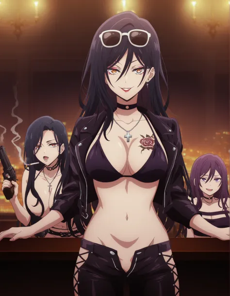 anime screencap, anime screenshot,  eyeliner,, 2girl, two girls, , long hair, [[[tattoo]]], earrings, breast tattoo, waist tattoo, girls, black hair, , purple hair,,, makeup, parted lips, smoking, purple hair, choker, high quality, best quality, great qual...