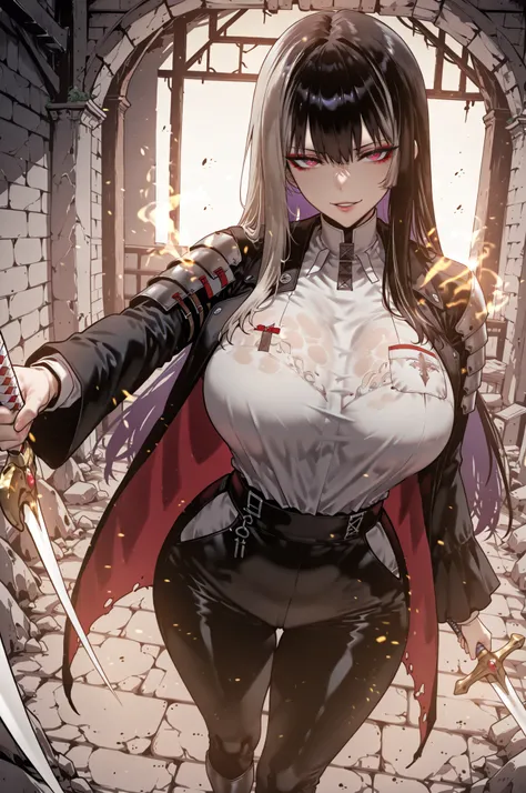 taken from above、caveの中、Hunter、Ruins、Attach a、black suit、Attach a、sword、Japanese sword、、black longsuit、 black long jacket、ゴスロリなshirt、Depressed、Tall Woman、A woman in her thirties、 Alassah's woman、Steins;Gate、 black longsuit 、score_9, score_8_up, score_7_up,...