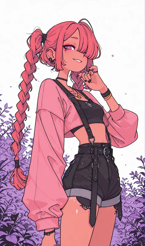 (masterpiece:1.35), (very aesthetic, best quality:1.3), highly detailed, backlit, absurdres, close-up view, detailed shading, solo, bracelets, tattoos, septum piercing, piercings, looking at viewer, parted lips, smile, teeth, adorable, cute, (no lineart), ...