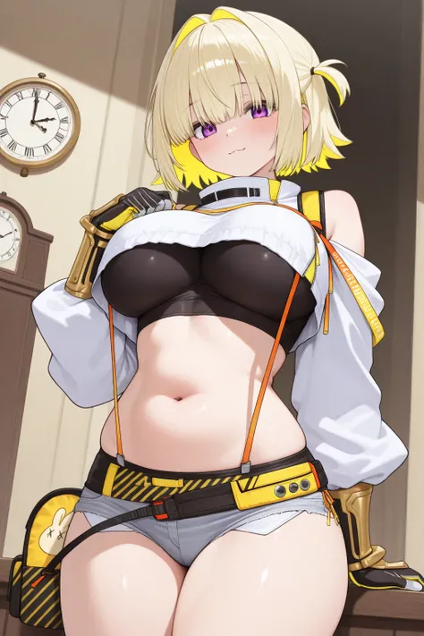 Eleg、NIKKEI(Nike)、purple eyes、片目を覆うbungs、bungsが目にかかっている、bungs、Side hair、Blonde、short hair、Inner Color、黄色いInner Colorの髪、stupid hair、big boobs、clock top、WHITE SHIRT、throw out your shoulders、suspenders、black sports bra、belly button out、stomach、 micro shorts、cut off、Two-tone gloves 、belt、thighsストラップ、thighs、long sleeve