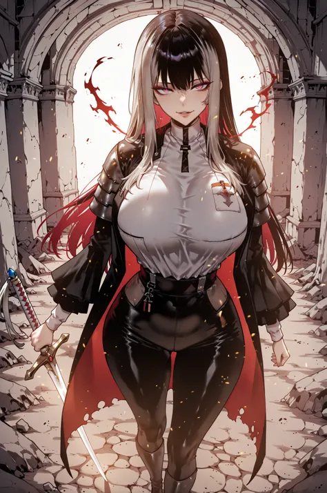 taken from above、caveの中、Hunter、Ruins、Attach a、black suit、Attach a、sword、Japanese sword、、black longsuit、 black long jacket、ゴスロリなshirt、Depressed、Tall Woman、A woman in her thirties、 Alassah's woman、Steins;Gate、 black longsuit 、score_9, score_8_up, score_7_up,...