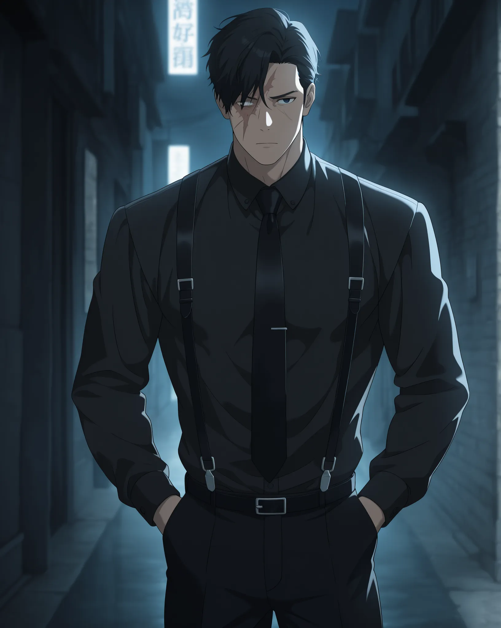 score_9, score_8_up, score_7_up, best quality, detailed face, detailed background, maximum detail, beautiful face, beautiful eyes, very aesthetic, absurdres, perfect lighting, nsfw, anime coloring, streets, male, male focus,  black hair, wearing mafia blac...