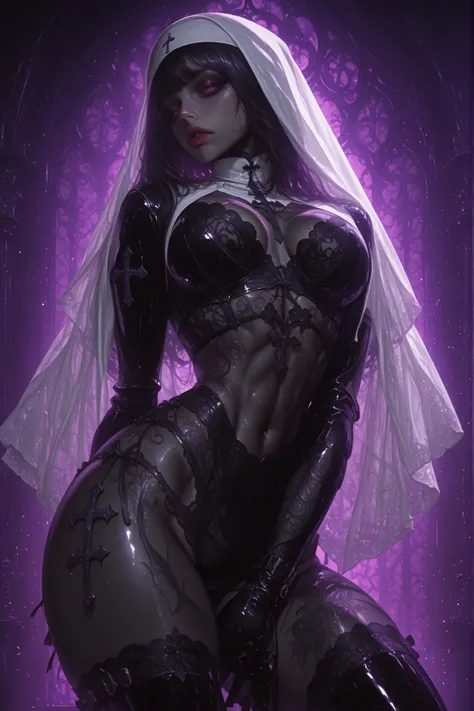 A striking hyperrealistic image of a woman dressed as a nun, combining traditional religious attire with a sensual touch. She wears a black latex habit with a white veil, paired with a black lace bra and matching panties that reveal her toned, tattooed phy...