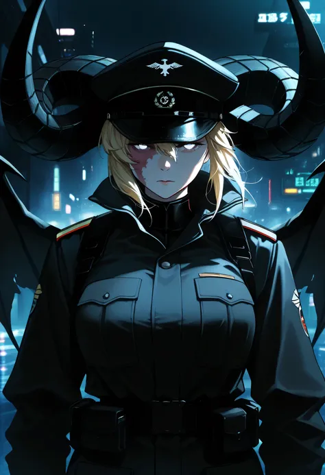 masterpiece, best quality, ultra-detailed, best illustration, solo, 1girl, mature female, dark, noir, cyberpunk, short hair, blonde hair, blind, glaucoma, white eyes, military, general, burn scar, burn scars on the face, bruned face, general cap, black mil...